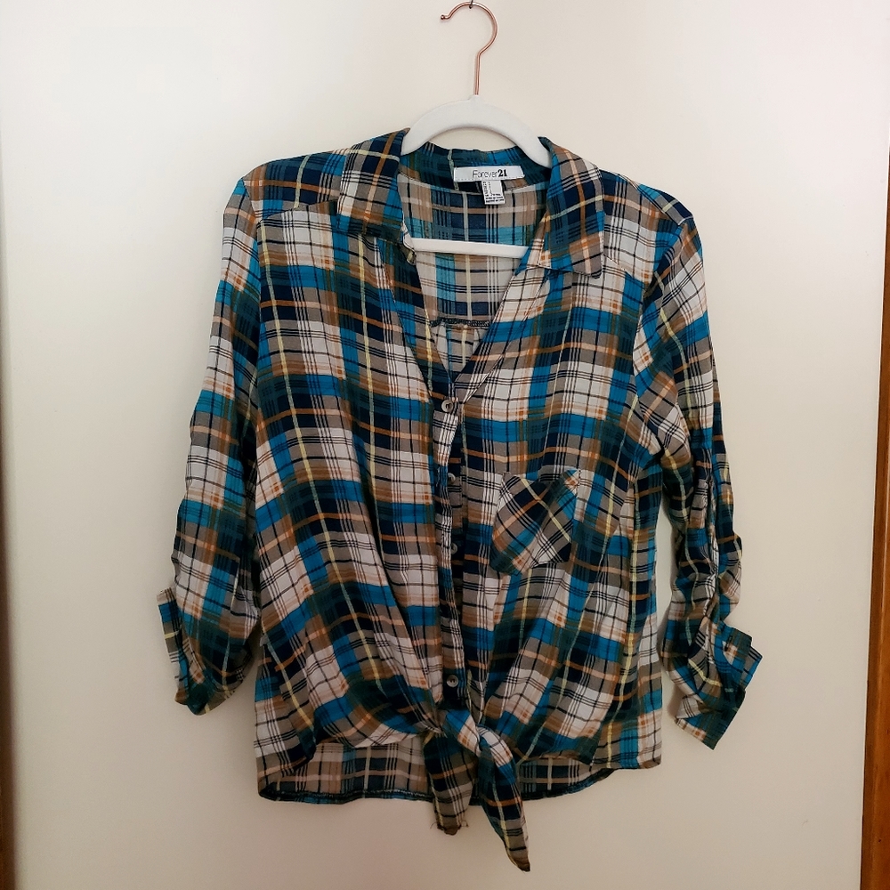 Forever 21 Turquoise Plaid Button Down Shirt